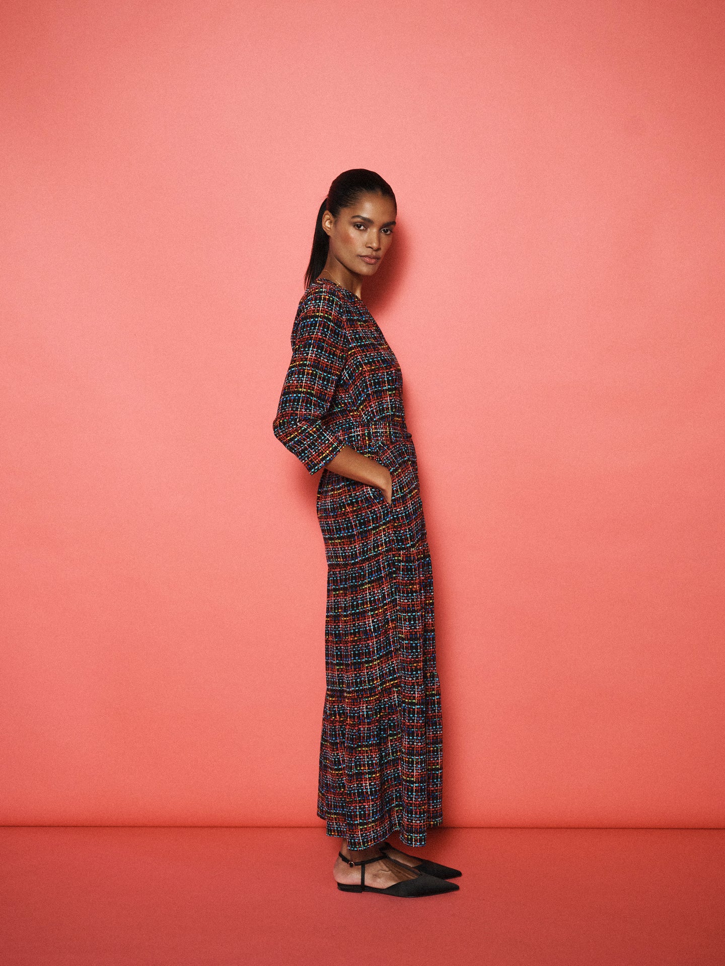 Avery silk tweed print maxi dress