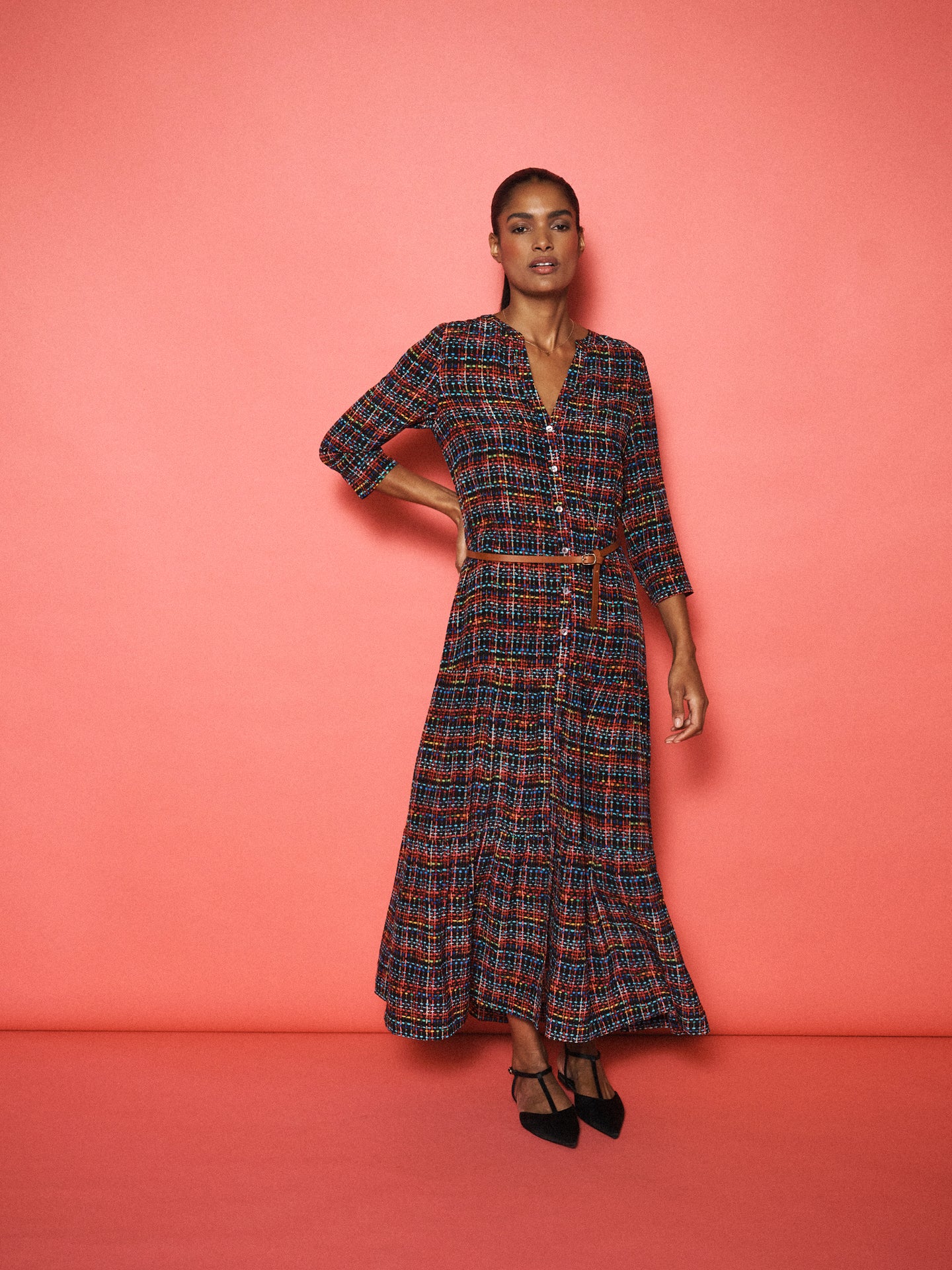 Avery silk tweed print maxi dress