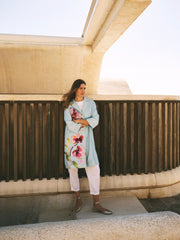 Janey Linen Orchid Print Coat - Silver Blue | NRBY Clothing