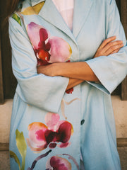 Janey Linen Orchid Print Coat - Silver Blue | NRBY Clothing