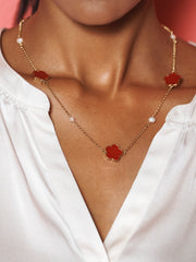 Red Flower and Pearl Necklace