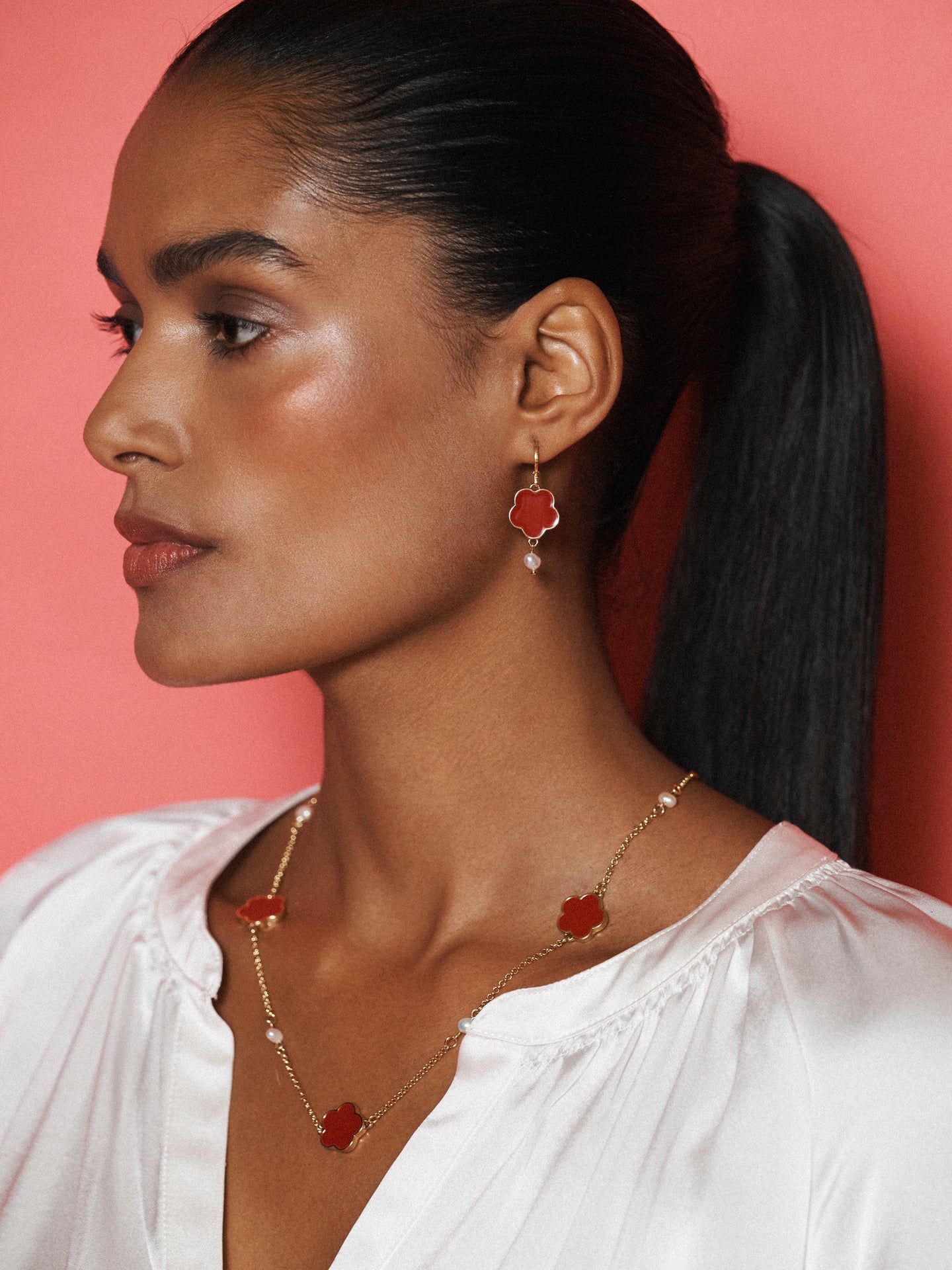 Red Flower and Pearl Earrings