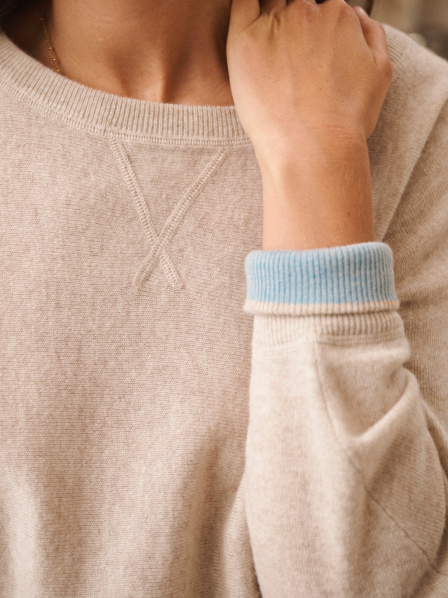 Sleepy Joe merino cashmere sweater - Sand with Aqua