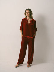 Thea Silk Blend Velvet Trouser - Red