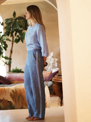 Thea linen side stripe trouser - Dark denim with chambray stripe | NRBY Clothing