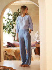 Thea linen side stripe trouser - Dark denim with chambray stripe | NRBY Clothing