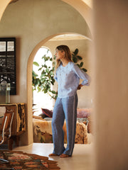 Thea linen side stripe trouser - Dark denim with chambray stripe | NRBY Clothing