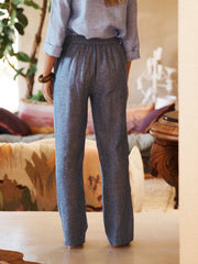 Thea linen side stripe trouser - Dark denim with chambray stripe | NRBY Clothing