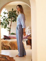 Thea linen side stripe trouser - Dark denim with chambray stripe | NRBY Clothing