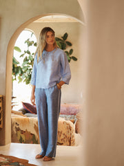 Thea linen side stripe trouser - Dark denim with chambray stripe | NRBY Clothing