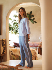 Thea linen side stripe trouser - Dark denim with chambray stripe | NRBY Clothing
