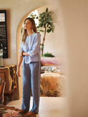 Thea linen side stripe trouser - Dark denim with chambray stripe | NRBY Clothing