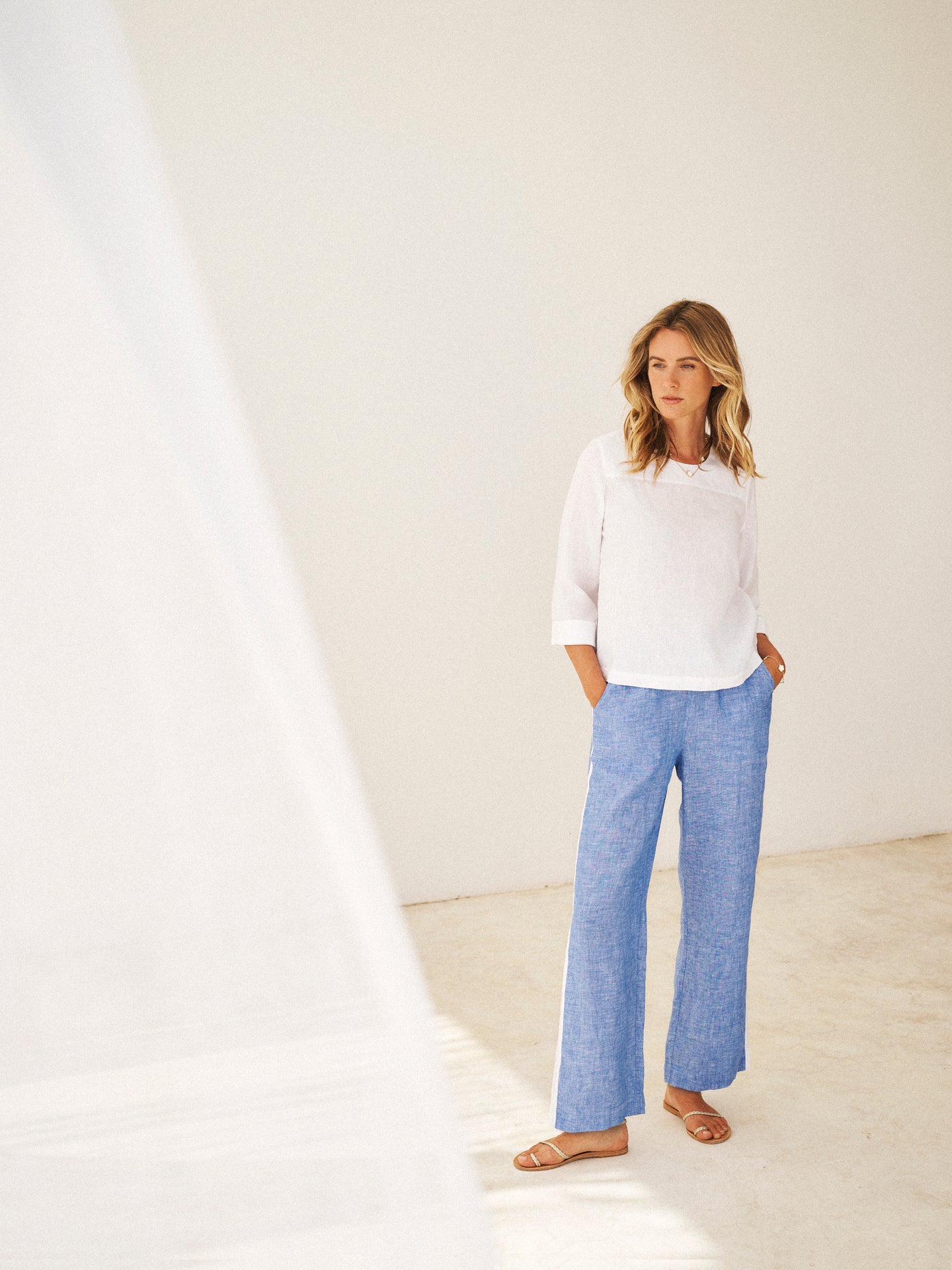 Thea linen side stripe trouser - Bright Blue / White