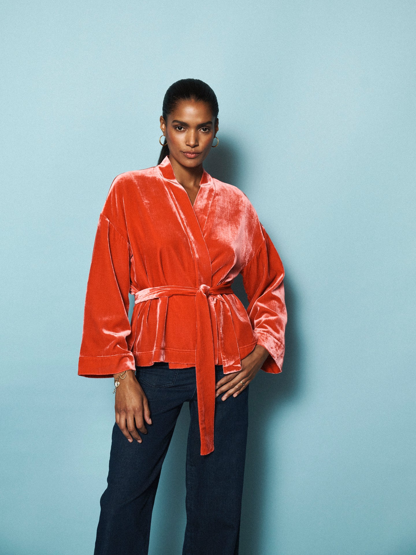 Butterfly silk blend velvet kimono - Hibiscus