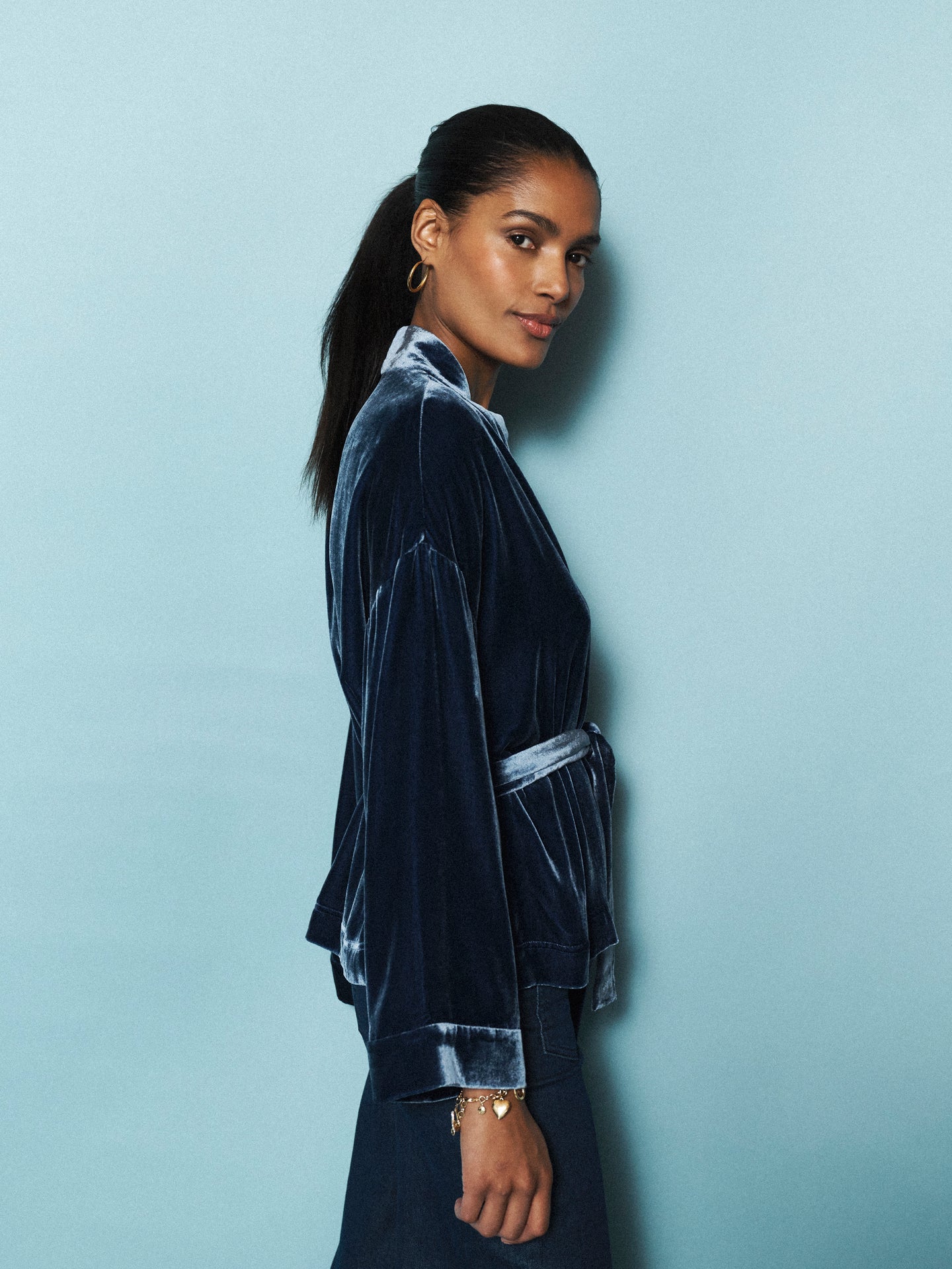 Butterfly silk blend velvet short kimono - Denim Blue