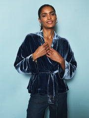 Butterfly silk blend velvet short kimono - Denim Blue