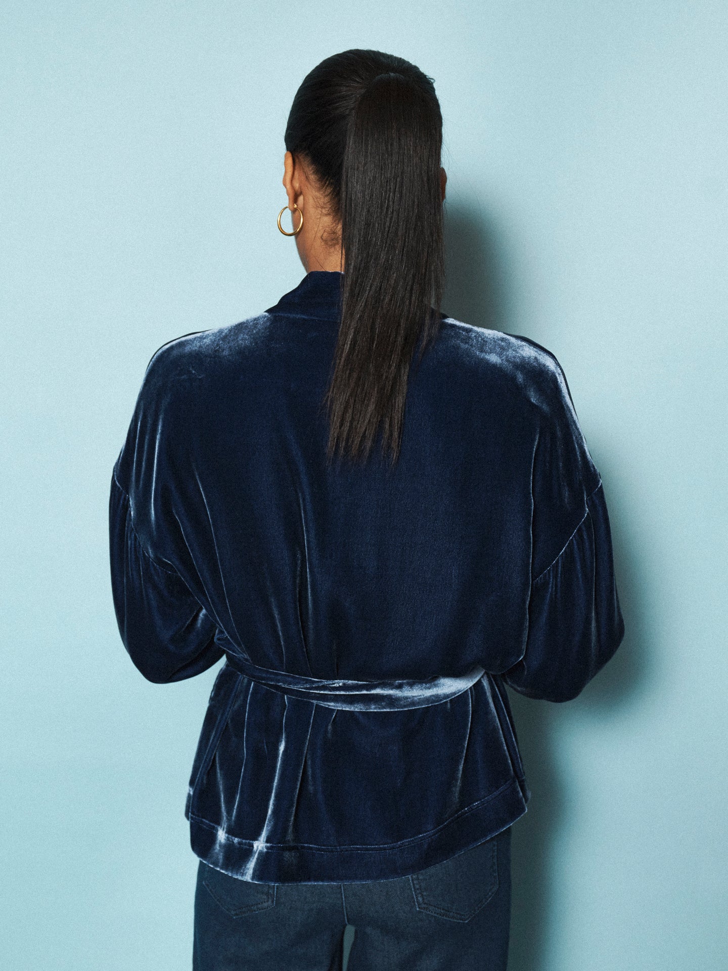 Butterfly silk blend velvet short kimono - Denim Blue