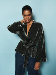 Butterfly silk blend velvet short kimono - Khaki