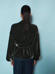Butterfly silk blend velvet short kimono - Khaki