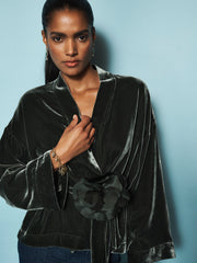Butterfly silk blend velvet short kimono - Khaki