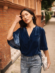 Leena silk blend velvet top - Denim Blue
