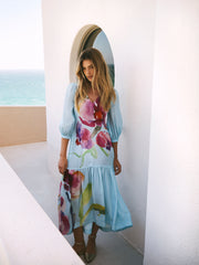 Lee Silk Orchid Print Maxi Dress - Silver Blue