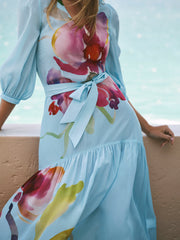 Lee Silk Orchid Print Maxi Dress - Silver Blue