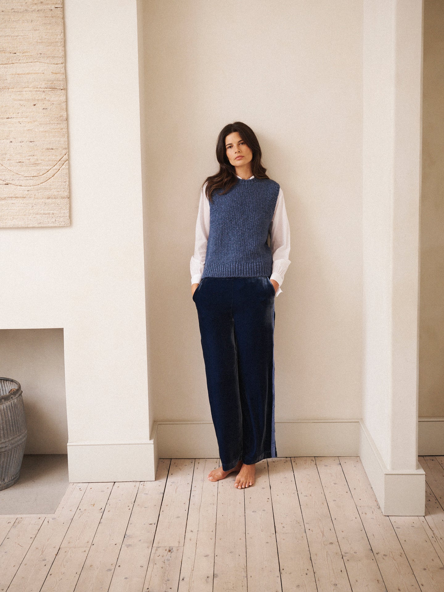 Thea silk blend velvet herringbone side stripe trouser - Denim Blue