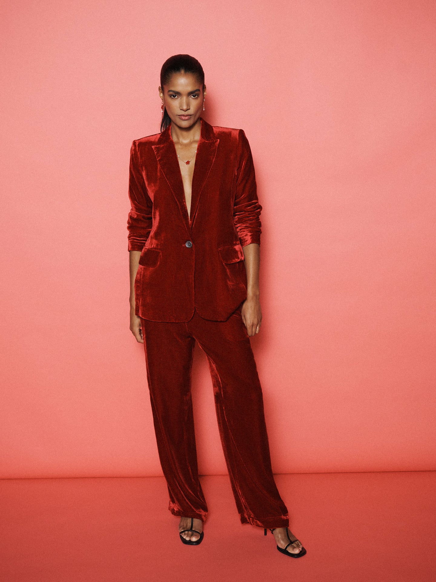 Velvet Blazer & Velvet Palazzo Trouser Suit - Red