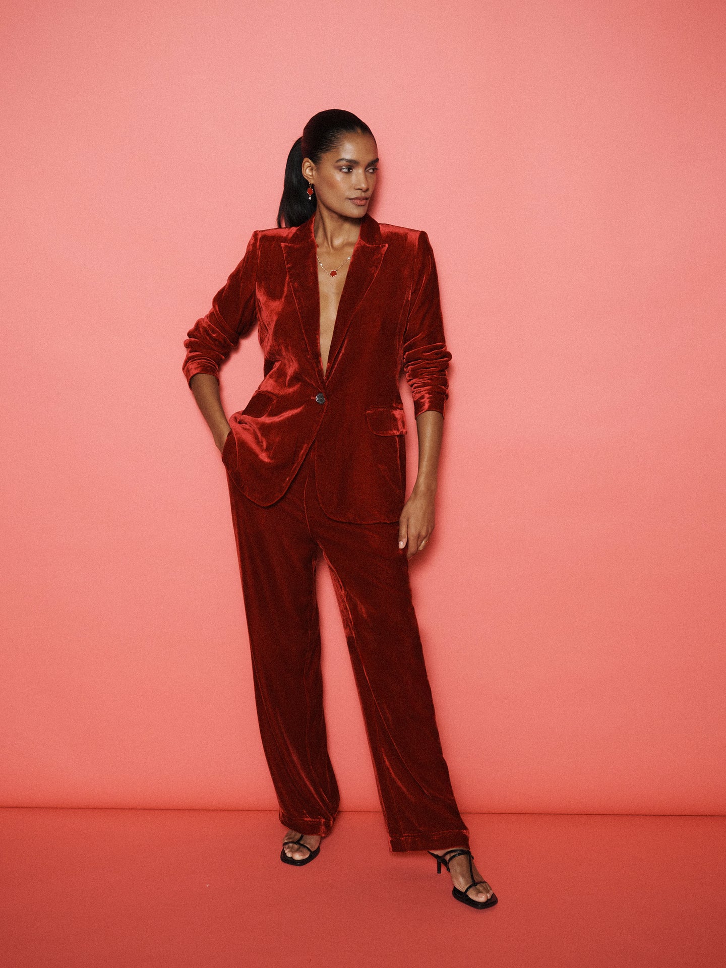 Velvet Blazer & Velvet Palazzo Trouser Suit - Red