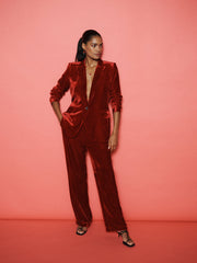 Velvet Blazer & Velvet Palazzo Trouser Suit - Red