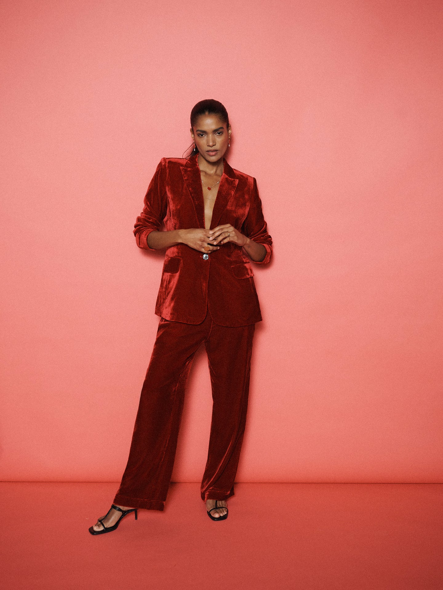 Velvet Blazer & Velvet Palazzo Trouser Suit - Red