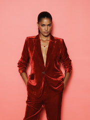 Velvet Blazer & Velvet Palazzo Trouser Suit - Red