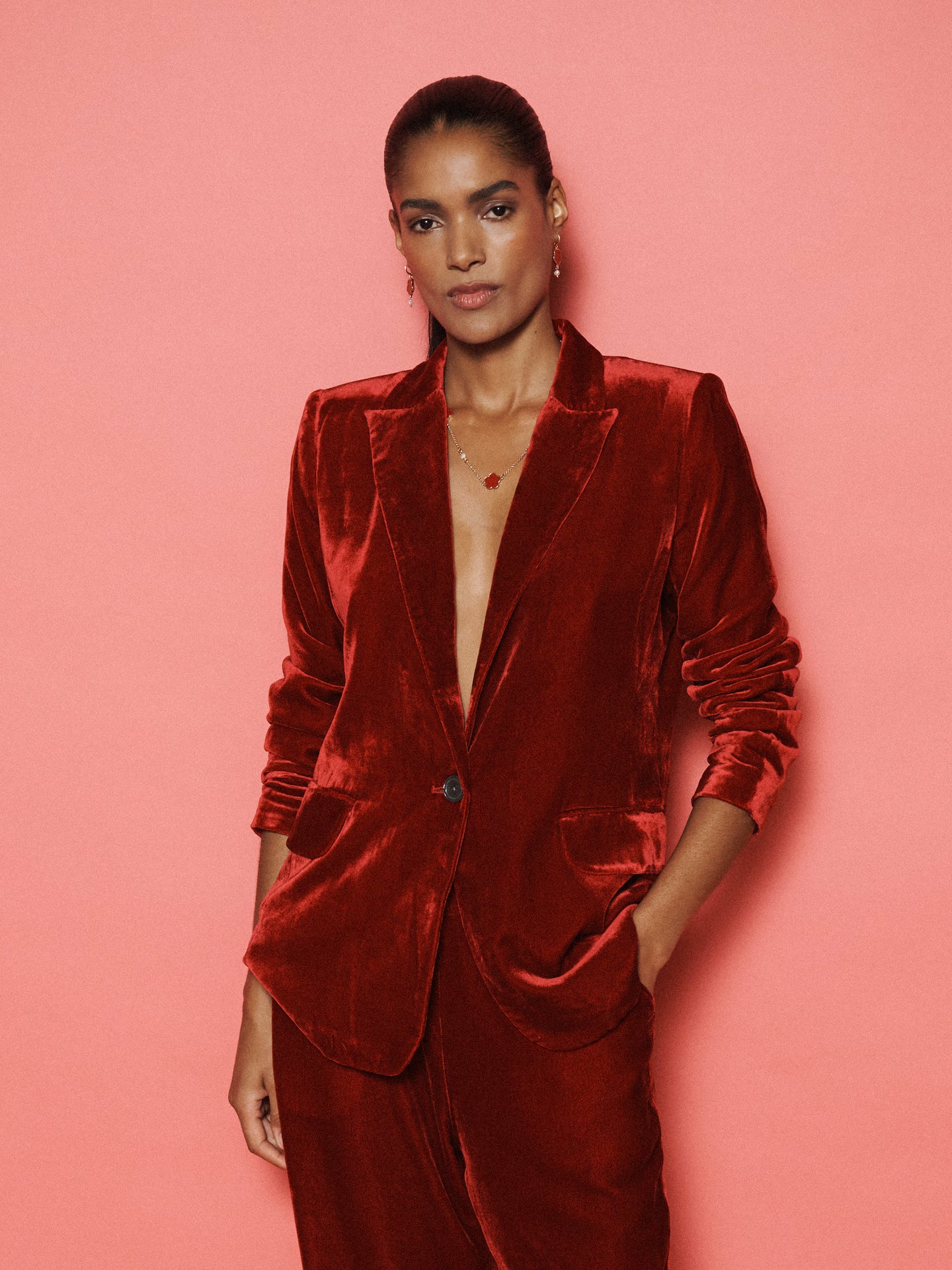Velvet Blazer & Velvet Palazzo Trouser Suit - Red