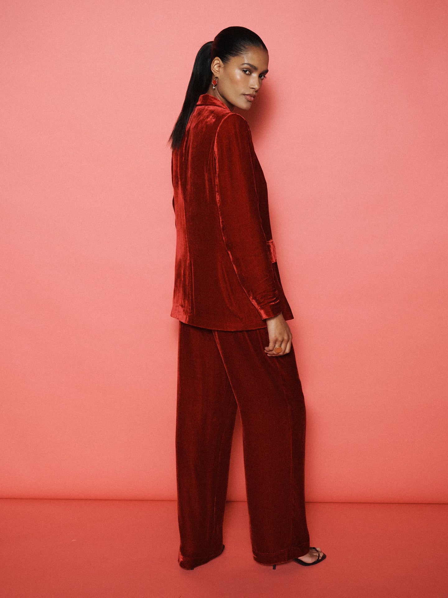 Velvet Blazer & Velvet Palazzo Trouser Suit - Red