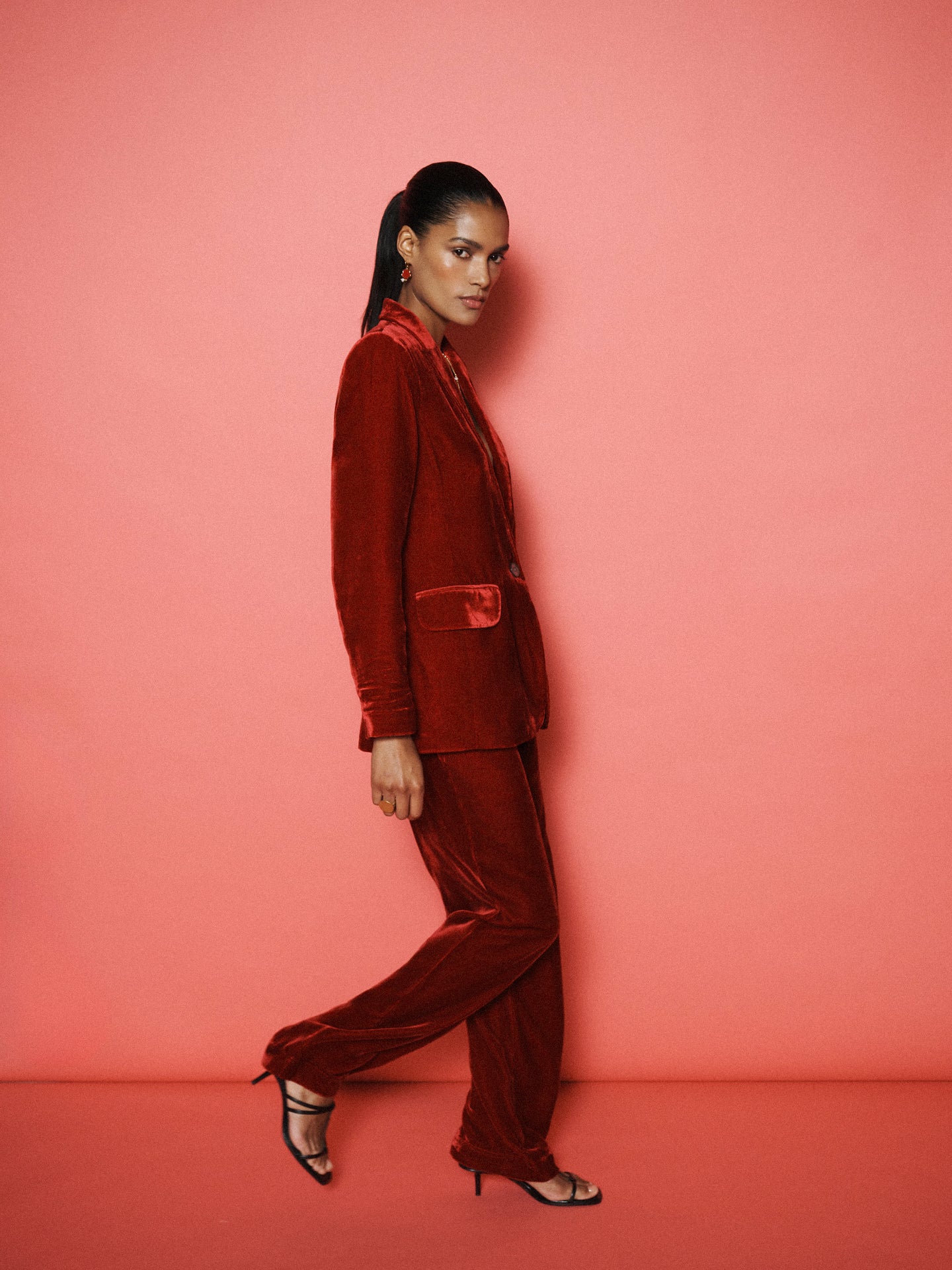 Velvet Blazer & Velvet Palazzo Trouser Suit - Red