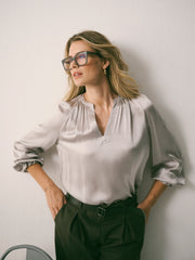 Nikki Silk Satin Top - Pearl Grey