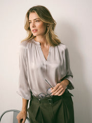 Nikki Silk Satin Top - Pearl Grey