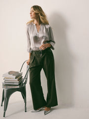 Nikki Silk Satin Top - Pearl Grey