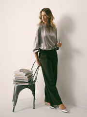 Nikki Silk Satin Top - Pearl Grey