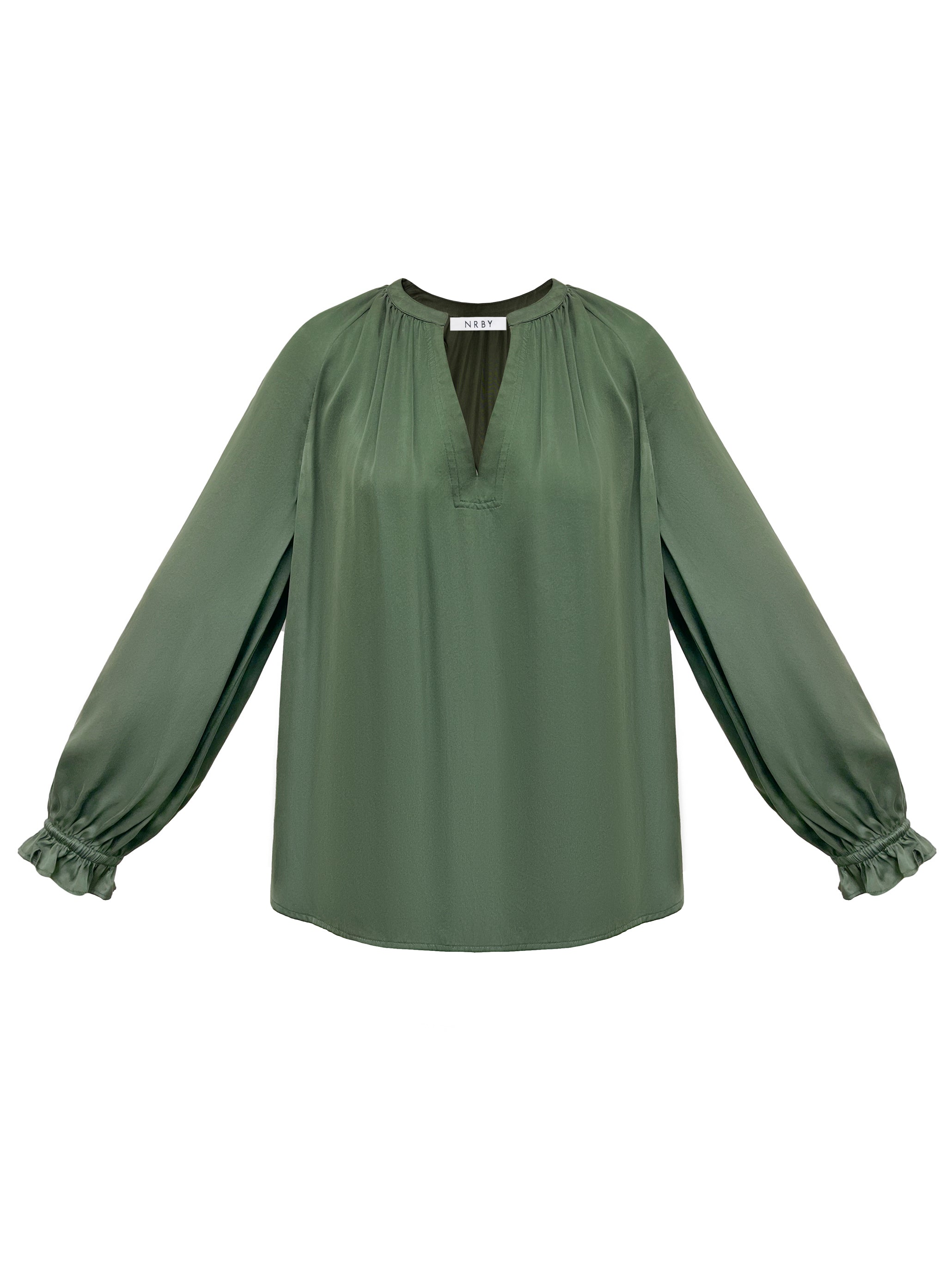 Nikki silk satin shirt in Khaki Green | NRBY Clothing