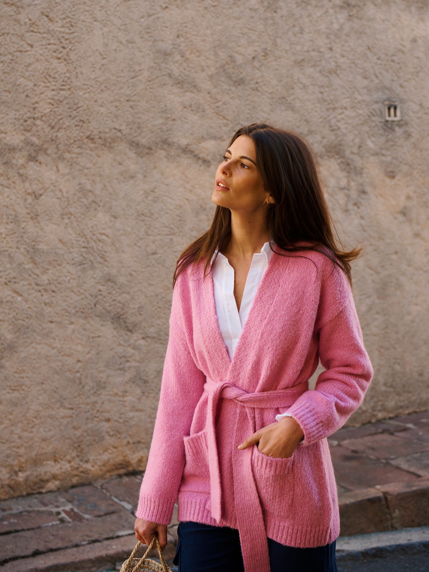 Melody alpaca blend belted wrap cardigan - Pink Sorbet