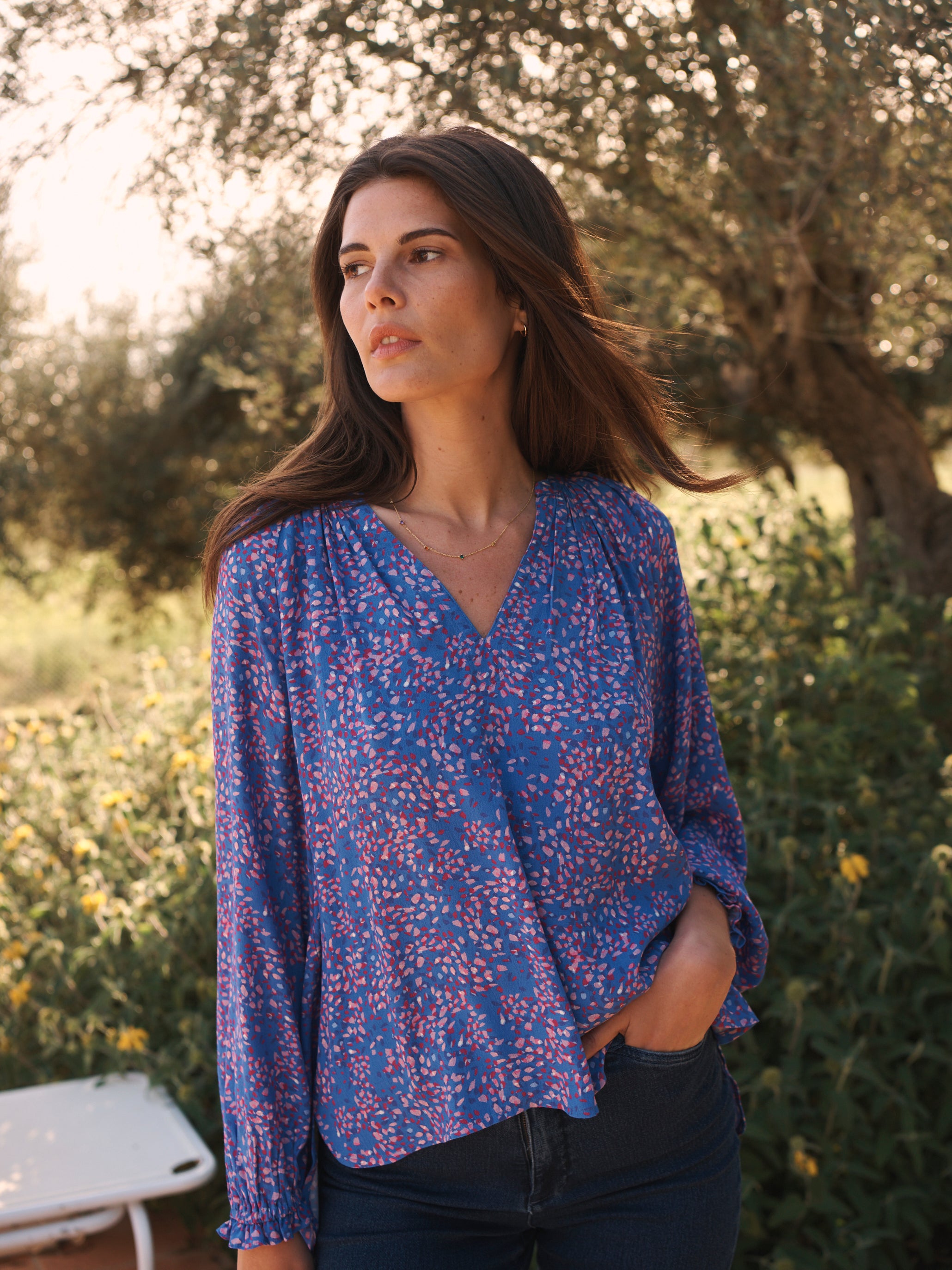 Nikki blue petal print blouse – Blue Petal Print – NRBY