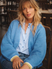 Misha alpaca blend tipped cardigan - Provence Blue / Pistachio | NRBY Clothing
