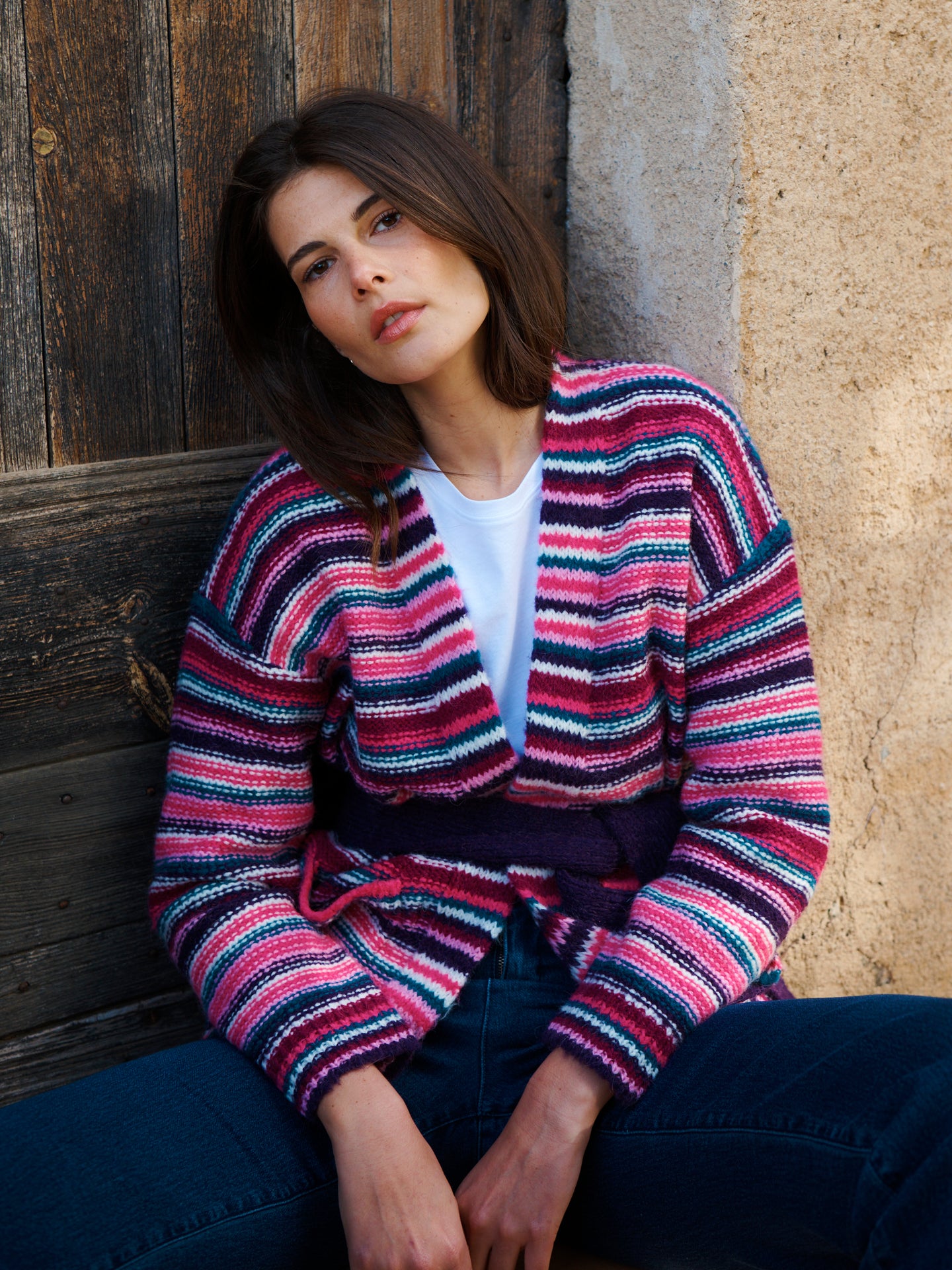 Melody alpaca blend stripe belted wrap cardigan - Multistripe