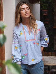 Hummingbird cotton embroidered stripe shirt