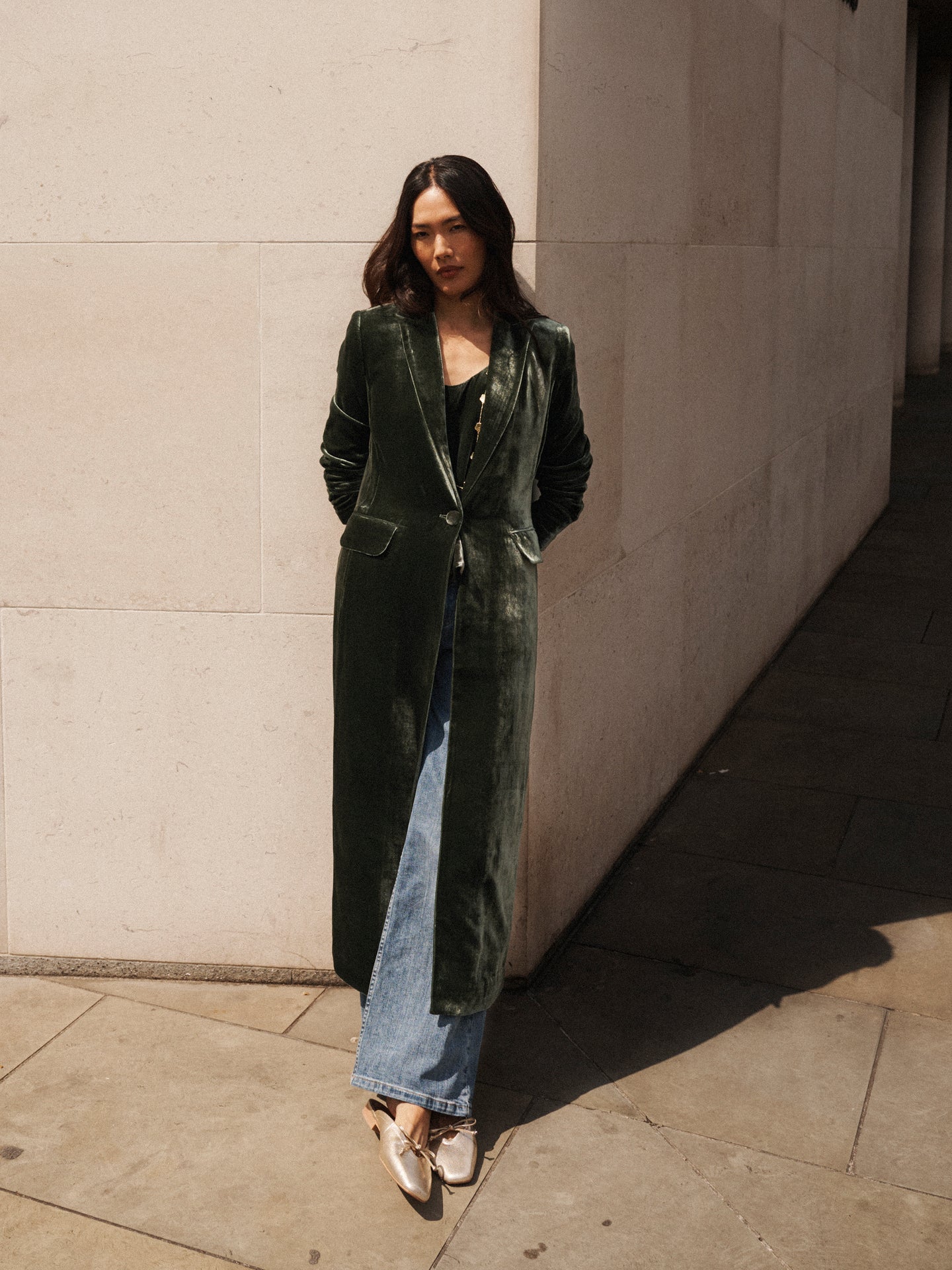 Odette silk blend velvet opera coat - Khaki