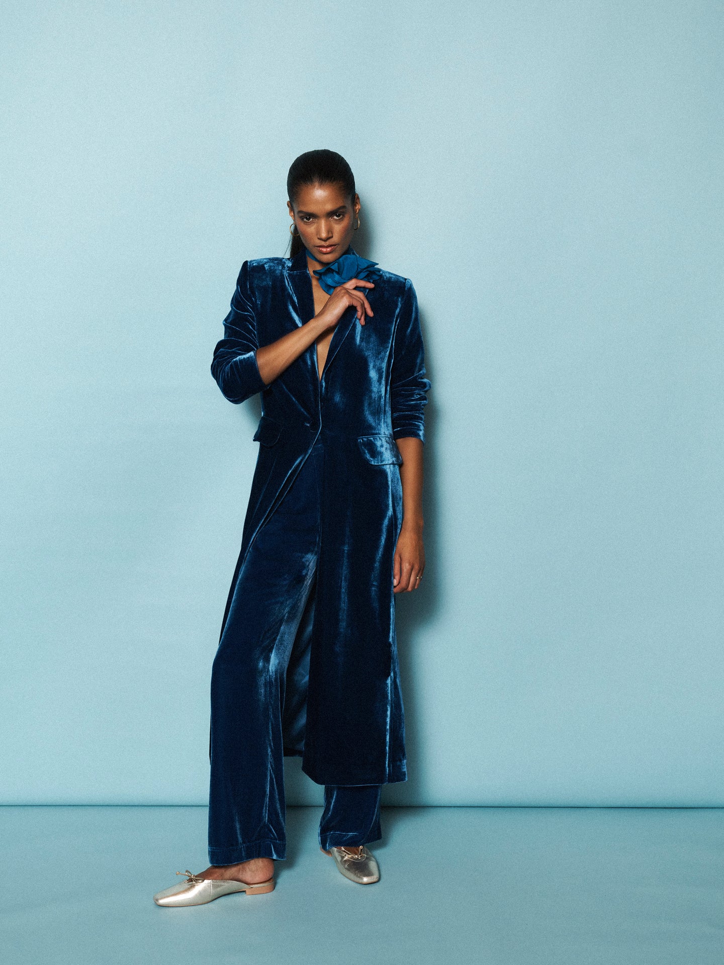 Velvet Opera Coat & Velvet Palazzo Trouser co-ord - Peacock