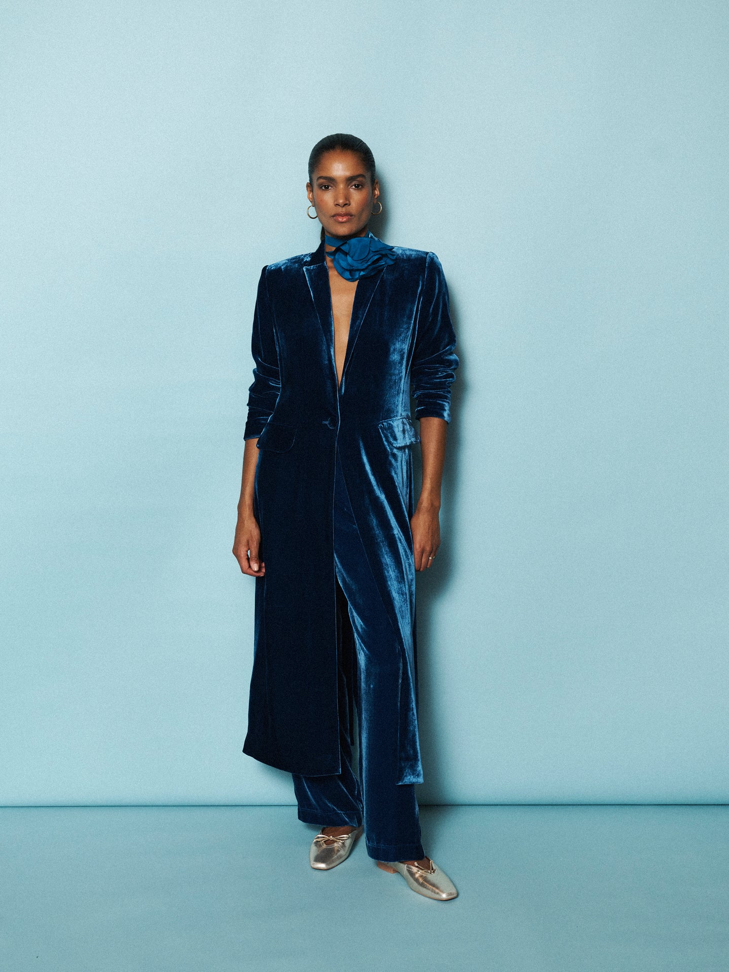 Velvet Opera Coat & Velvet Palazzo Trouser co-ord - Peacock