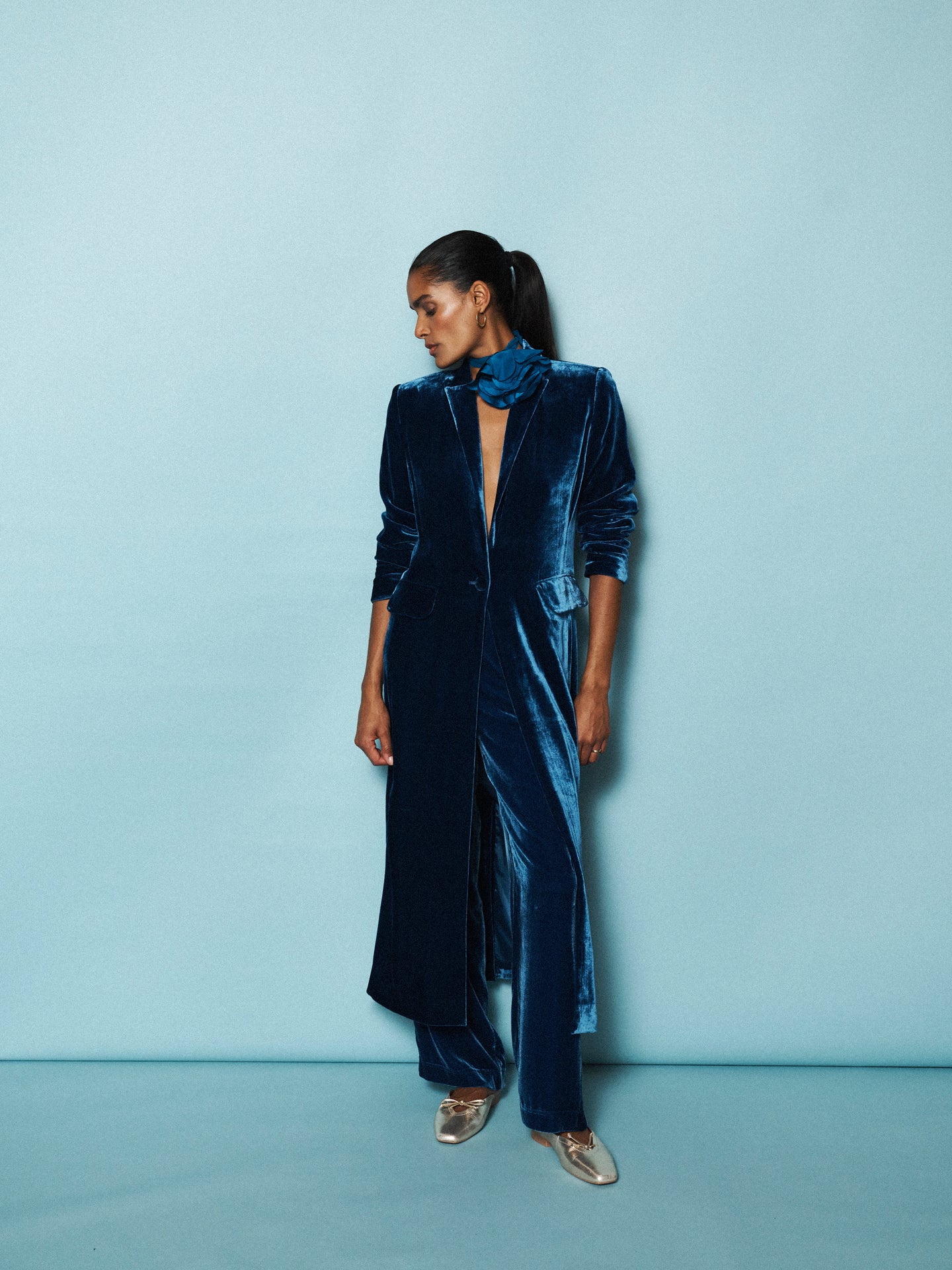 Velvet Opera Coat & Velvet Palazzo Trouser co-ord - Peacock